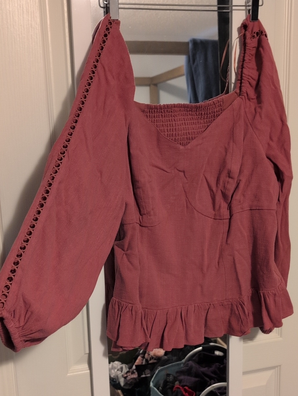 Women’s Puff Sleeve Ruffle Peasant Top - Dusty Rose